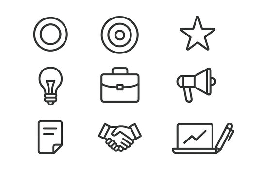 Business Outline Icons. Business branding. Line icon set of business branding: logo, target, star, light bulb, briefcase, megaphone, document, handshake,