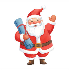 Santa Claus with Yoga Mat Watercolor Vector, Isolated, White Background, Christmas Fitness Illustration
