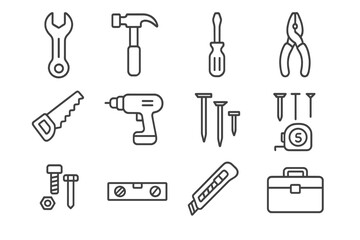 Obraz premium Maintenance Tools Icons. Maintenance tools. Solid icon set of maintenance tools: wrench, screwdriver, hammer, pliers, toolbox, bucket, gloves, tape, ladder,
