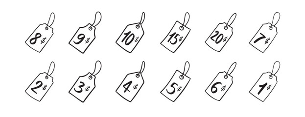 Dollar price tag numbers doodle hand drawn icon set. Outline drawing dollars price tag line clipart symbol. Isolated price tag