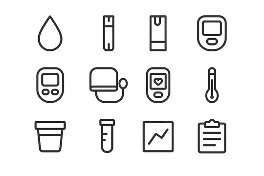 Home Lab Icons. Home lab biomarkers. Line icon set of home lab biomarkers: blood drop, lancet, test strip, glucometer, ketone meter, blood pressure cuff,