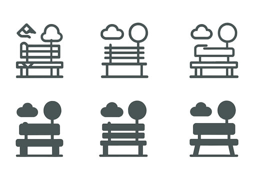 Bench Logo Variations. Empty bench. Icon set. Set Logo of empty bench: bench under tree. harmonious logo variations of the same emblematic concept, each with