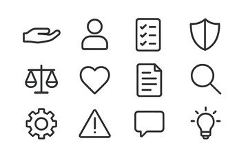 Ethical Consultation Icons. Ethical consultation. Line icon set of Ethical consultation: hand, user profile, checklist, shield, scale, heart, document,
