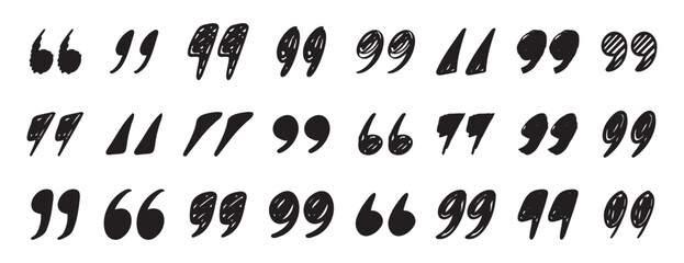 quotation mark doodle testured hand drawn icon set. quotation mark drawing line clipart symbol collection