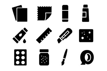 Art Collage Essentials. Art collage materials. Solid icon set of Art collage materials: colored paper, fabric piece, cardboard, glue stick, paint tube, ruler,
