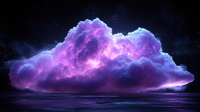 A luminous, vibrant purple cloud glows intensely against a dark, starry background, reflecting on a shimmering surface below.