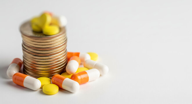 Yellow pills and white-orange capsules placed on and around a stack of coins for disign health insurance, medical expenses and medicine, finance, saving money, business. financial and medical idea.