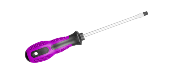 A flathead screwdriver with an ergonomic Pink black handle suits various DIY projects. Its sturdy design ensures reliable performance on isolated white background close-up