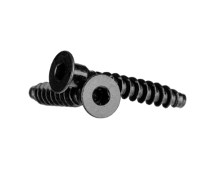 Black steel countersunk hex socket screw isolated on white. Ideal for engineering, tools, hardware, construction, mechanical repair and industrial applications.