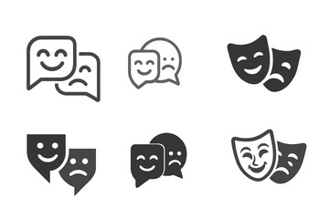 Obraz premium Theater Logo Variations. Theater festivals and events. Icon set. Set Logo of stage performance: theater masks on curtain backdrop. harmonious logo variations