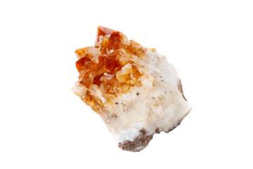 A polished citrine crystal on a white isolated background, showcasing vibrant yellow-orange hues with a glossy finish. Ideal for jewelry, decor, or metaphysical collections.
