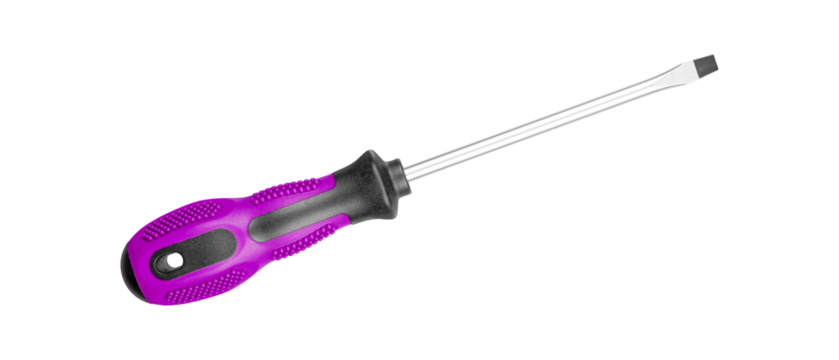 A flathead screwdriver with an ergonomic Pink black handle suits various DIY projects. Its sturdy design ensures reliable performance on isolated white background close-up