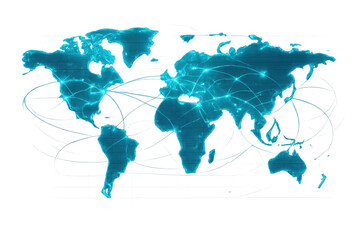 World map showing global network and data connections, concept of internet, communication, and technology on transparent background