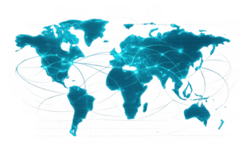 World map showing global network and data connections, concept of internet, communication, and technology on transparent background