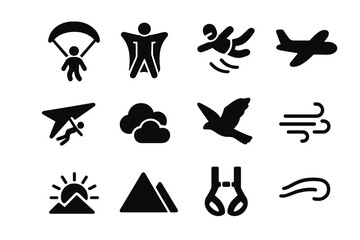 Obraz premium Aerial Adventure Icons. Aerial Adventure. Solid icon set of Aerial Adventure: paraglider, wingsuit, skydiver, airplane, hang glider, clouds, bird silhouette,