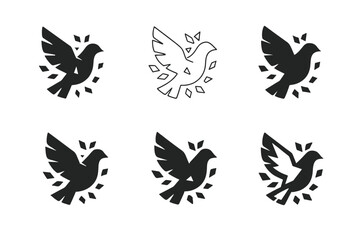 Dove Harmony Logos. War. Icon set. Set Logo of War: dove silhouette fragmented into pieces. harmonious logo variations of the same emblematic concept, each
