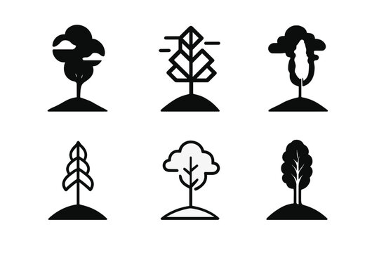 Tall Tree Logos. Tall tree reaching sky. Icon set. Set Logo of tall tree reaching sky: single oak tree under clouds. harmonious logo variations of the same