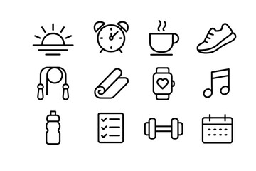 Morning Workout Icons. Morning workout motivation. Line icon set of morning workout motivation: sunrise, alarm clock, coffee cup, running shoe, jump rope, yoga