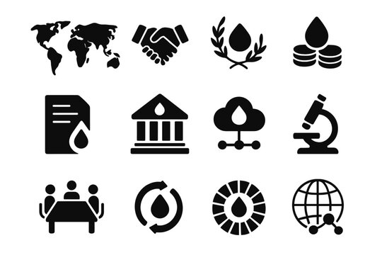 Global Water Icons. Global water partnerships. Solid icon set of Global water partnerships: world map, handshake, NGO logo, funding symbol, policy document,