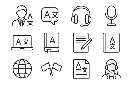 Language Icon Set. Language translation. Line icon set of Language translation: translator, speech bubble, headphones, microphone, laptop, dictionary, notepad,