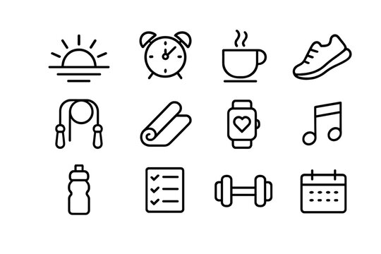 Morning Workout Icons. Morning workout motivation. Line icon set of morning workout motivation: sunrise, alarm clock, coffee cup, running shoe, jump rope, yoga - Powered by Adobe