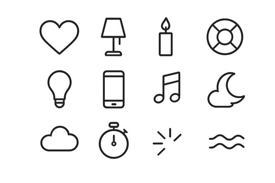 Mood Lighting Icons. Mood lighting. Line icon set of mood lighting: heart, lamp, candle, color wheel, bulb, smartphone, music note, moon, cloud, timer, glow