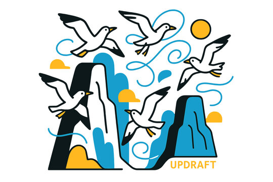 Seagulls in Updraft Dance. Seagulls ? Cliffside wind dance. Birds rise and fall with smooth arcs along abstract cliffs; the air vibrates in looping lines.