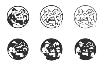 Volunteer Support Logos. Volunteers distributing food and supplies in disaster areas. Icon set. Set Logo of Volunteers distributing food and supplies in
