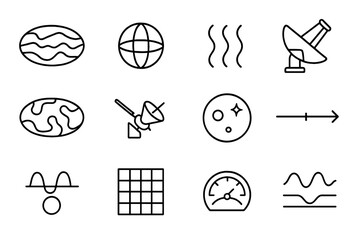 Cosmic Background Icon Set. Cosmic microwave background. Line icon set of cosmic microwave background: wave map, radiation pattern, frequency lines, satellite