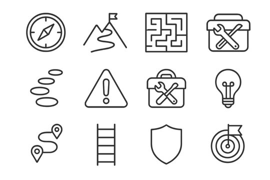 Career Navigation Icons. Navigating career challenges and overcoming obstacles. Line icon set of navigating career challenges and overcoming obstacles: