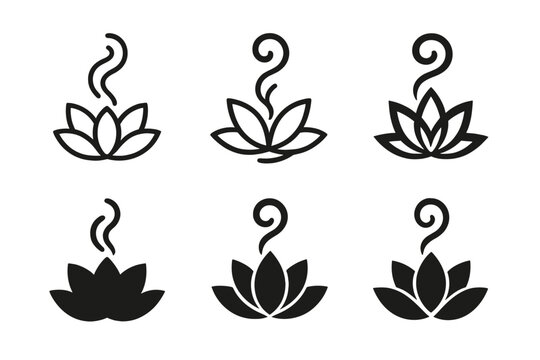 Aromatherapy Logo Variations. Aromatherapy. Icon set. Set Logo of aromatherapy: spiraling aroma wave above lotus flower. harmonious logo variations of the same