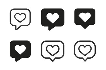 Heart-Inspired Notification Icons. Emotional weight of notifications. Icon set. Set Logo of emotional weight of notifications: heart inside message bubble.