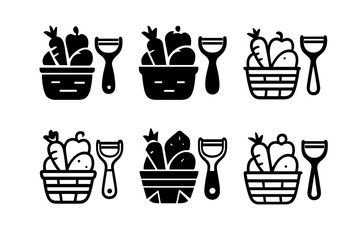 Vegetable Peeler Logos. Peeling vegetables. Icon set. Set Logo of peeling vegetables: vegetable basket and peeler. harmonious logo variations of the same