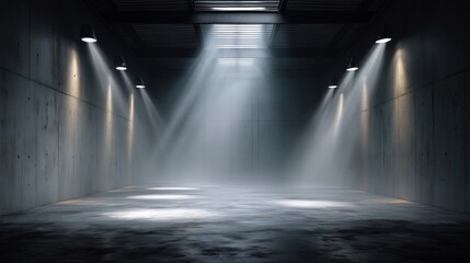 Empty industrial room with spotlights and fog — eerie warehouse atmosphere
