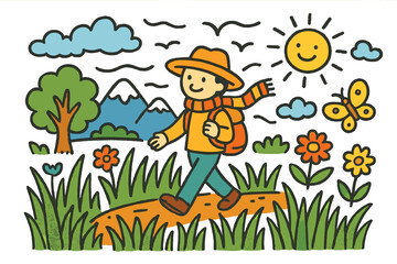 Naklejka premium Whimsical Nature Walk. nature walk. Colorful Hand-drawn doodle Children illustration nature walk person, tall grass, wind, mountain, clouds, sun, birds,