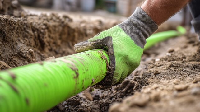 Gloved hand grips green plastic pipe in dirt trench — utility installation close-up - Powered by Adobe