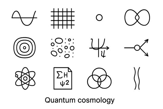 Quantum Cosmology Icons. Quantum cosmology. Line icon set of quantum cosmology: wave-particle duality, Planck scale grid, singularity dot, entanglement link,