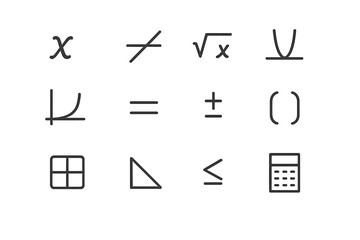 Algebra Icons Grid. Algebra formulas. Line icon set of algebra formulas: variable x, equation line, square root, polynomial curve, function graph, equals sign,