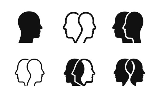 Dual Minds Logos. Duality of mind. Icon set. Set Logo of Duality of mind: Two faces merging. harmonious logo variations of the same emblematic concept, each