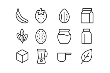 Essential Shake Ingredients Icons. Shake ingredients. Line icon set of shake ingredients: banana, strawberry, almond, cocoa bean, oats, chia seed, honey jar,