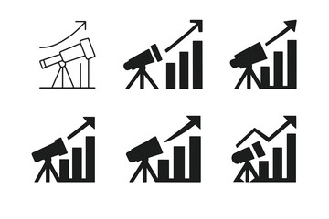 Vision Growth Logos. A group of entrepreneurs discussing business growth and scalability. Icon set. Set Logo of vision: telescope aiming at rising graph.