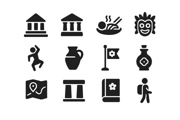 Cultural Travel Icons. Cultural travel experiences. Solid icon set of Cultural travel experiences: temple, museum, local food, traditional mask, dance symbol,