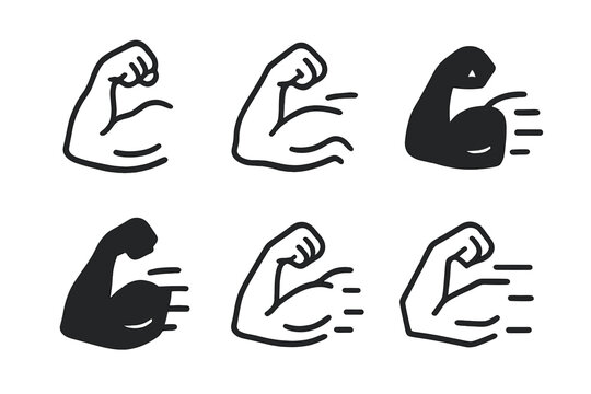 Exercise Icon Variations. The benefits of physical exercise. Icon set. Set Logo of The benefits of physical exercise: Flexed bicep with motion lines.