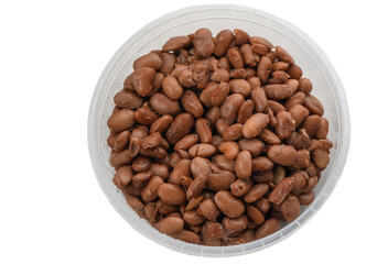 Cooked red beans in plastic container on white background