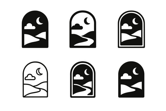 Escapism Logo Variations. escapism in marketing. Icon set. Set Logo of escapism in marketing: open door to dream landscape. harmonious logo variations of the