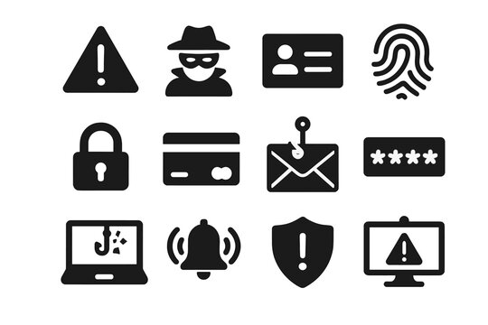 Identity Theft Icons. Identity theft warning. Solid icon set of Identity theft warning: warning triangle, masked hacker, ID card, fingerprint, lock symbol,