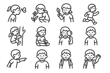 Naklejka premium Nature Exploration Icons. A family exploring a natural hot spring in a remote mountain area. Icon set. Set Logo of Wildlife: Bird or deer nearby. Symmetrical