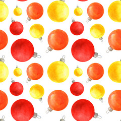Christmas tree balls, watercolor seamless pattern on a white background. Hand-drawn illustration, Xmas decor, red, yellow, and orange baubles.