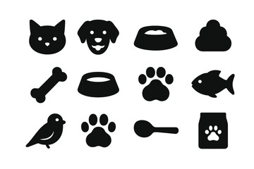 Pet Care Icons. Pet care. Solid icon set of Pet care: cat, dog, food bowl, kibble, bone, water bowl, treat, fish, bird, paw print, spoon, pet food bag. Filled