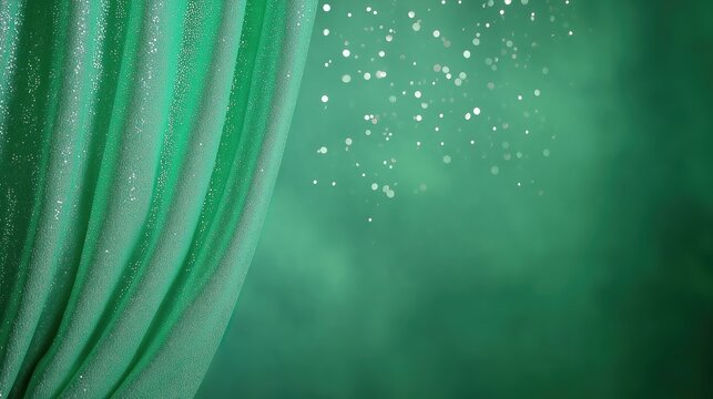Green glitter curtain with soft folds and sparkly bokeh background for festive, theatrical or abstract design